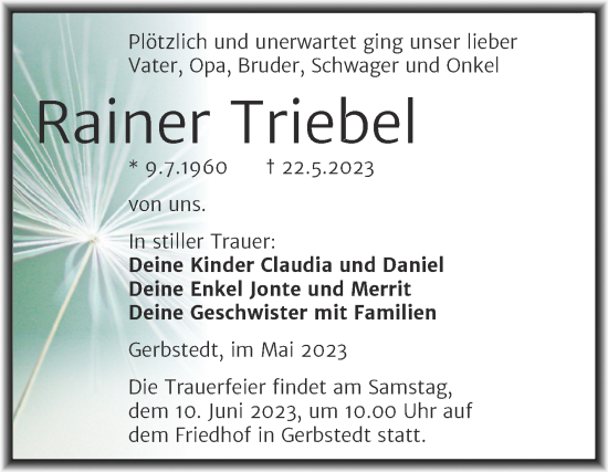 Traueranzeige von Rainer Triebel von Trauerkombi Mansfelder Land