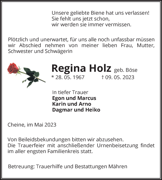 Traueranzeige von Regina Holz von Volksstimme Altmark West
