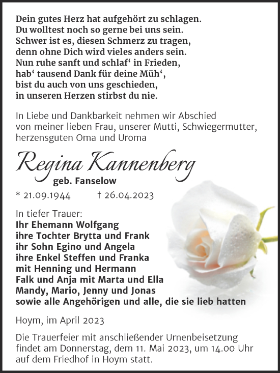 Traueranzeige von Regina Kannenberg von Trauerkombi Aschersleben