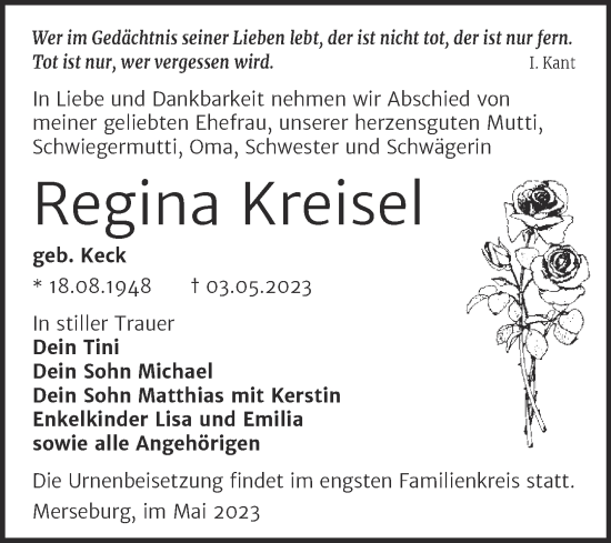 Traueranzeige von Regina Kreisel von Trauerkombi Merseburg