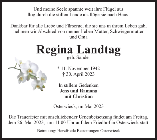 Traueranzeige von Regina Landtag von Volksstimme Halberstadt