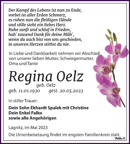 Traueranzeige von Regina Oelz von Trauerkombi Weißenfels