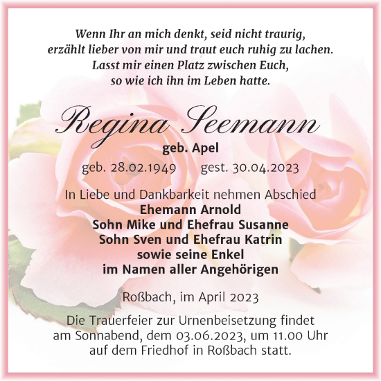 Traueranzeige von Regina Seemann von Trauerkombi Merseburg