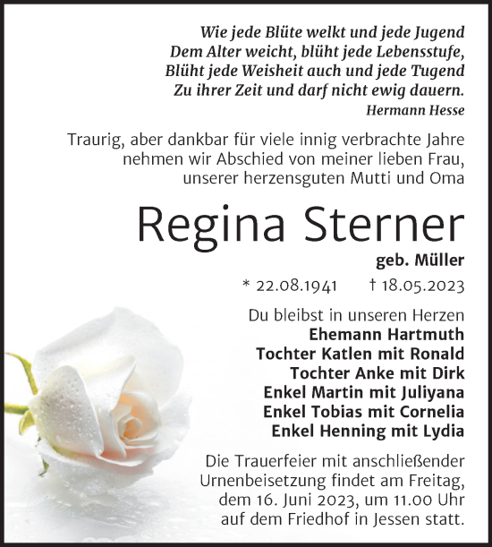 Traueranzeige von Regina Sterner von Trauerkombi Wittenberg