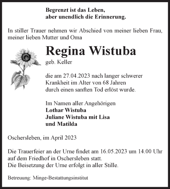 Traueranzeige von Regina Wistuba von Volksstimme Oschersleben/Wanzleben