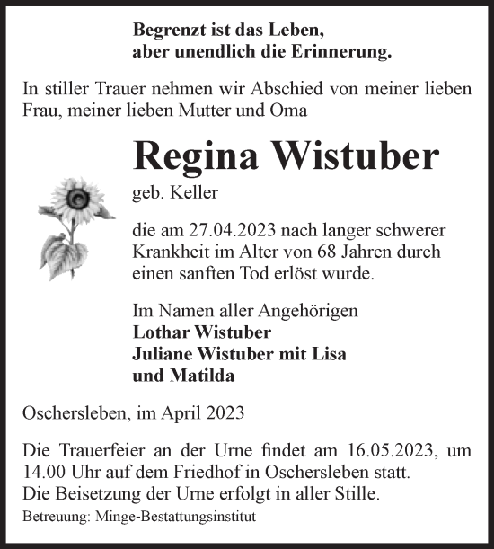 Traueranzeige von Regina Wistuber von Volksstimme Oschersleben/Wanzleben