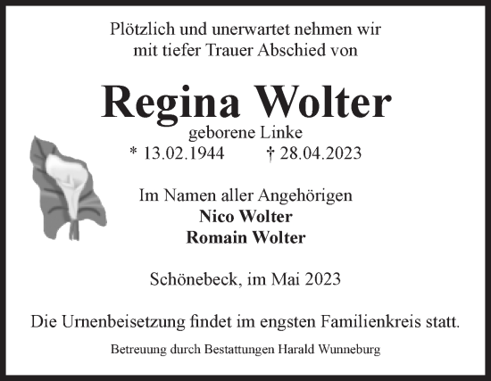 Traueranzeige von Regina Wolter von Volksstimme Schönebeck
