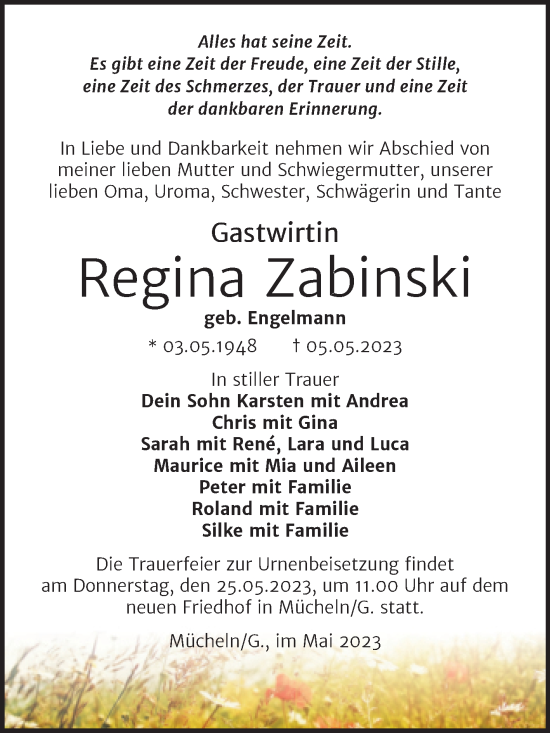Traueranzeige von Regina Zabinski von Trauerkombi Merseburg