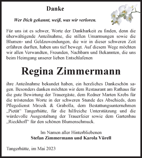 Traueranzeige von Regina Zimmermann von Volksstimme Altmark Ost