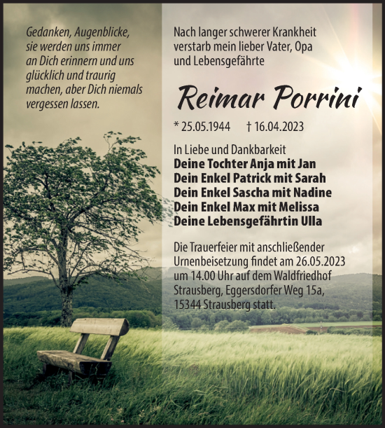 Traueranzeige von Reimar Porrini von Volksstimme Burg/Genthin