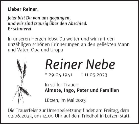 Traueranzeige von Reiner Nebe von Trauerkombi Weißenfels