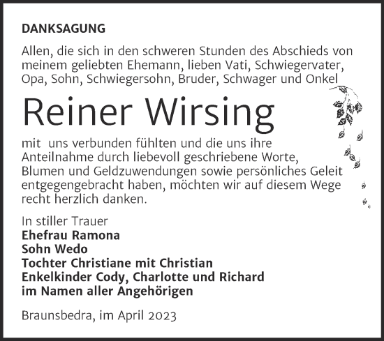 Traueranzeige von Reiner Wirsing von Trauerkombi Merseburg