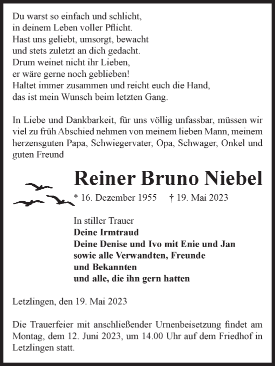 Traueranzeige von Reiner Bruno Niebel von Volksstimme Altmark West
