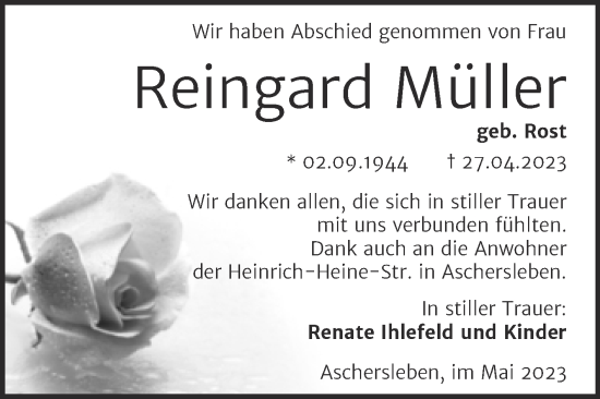 Traueranzeige von Reingard Müller von Trauerkombi Aschersleben