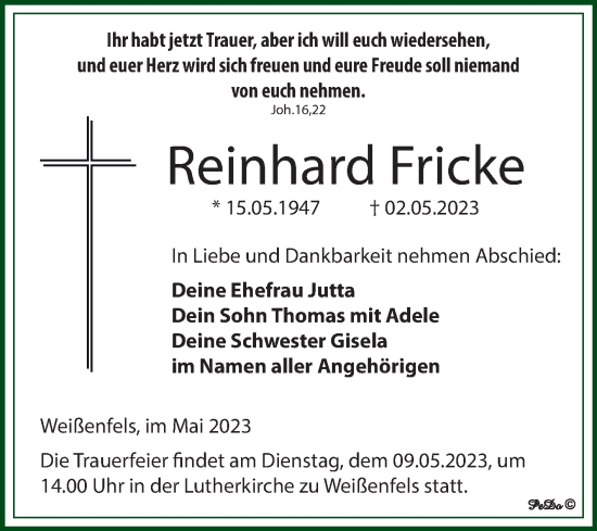 Traueranzeige von Reinhard Fricke von Trauerkombi Weißenfels