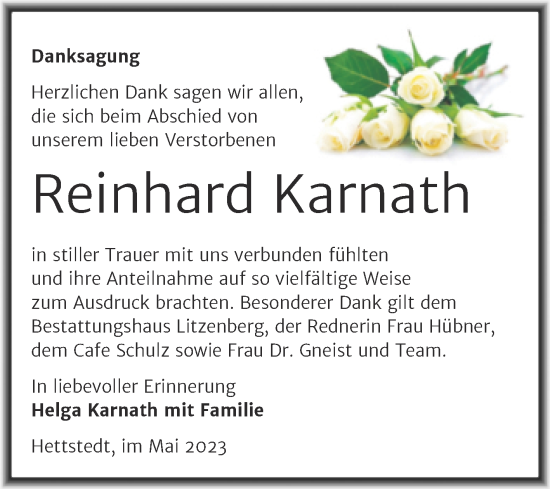 Traueranzeige von Reinhard Karnath von Trauerkombi Mansfelder Land