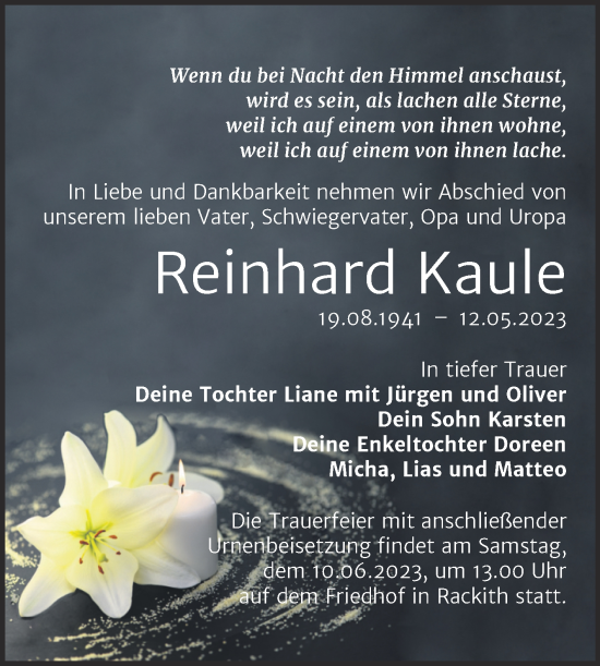 Traueranzeige von Reinhard Kaule von Trauerkombi Wittenberg