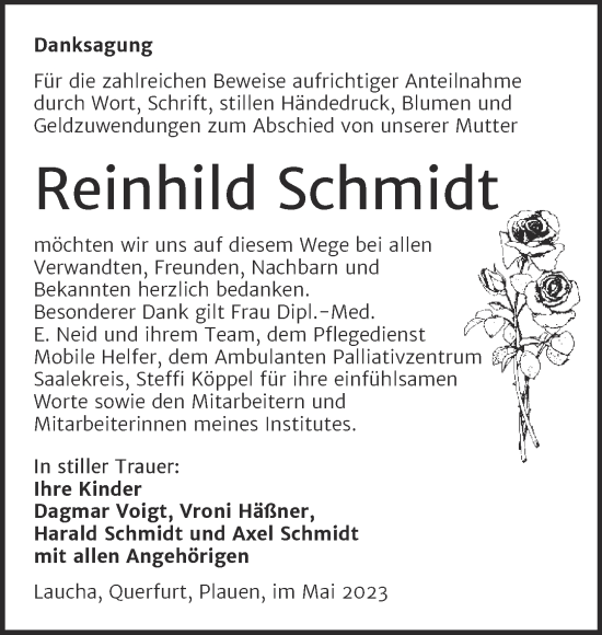 Traueranzeige von Reinhild Schmidt von Wochenspiegel Naumburg/Nebra