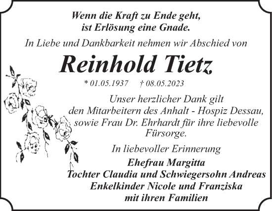 Traueranzeige von Reinhold Tietz von Trauerkombi Dessau