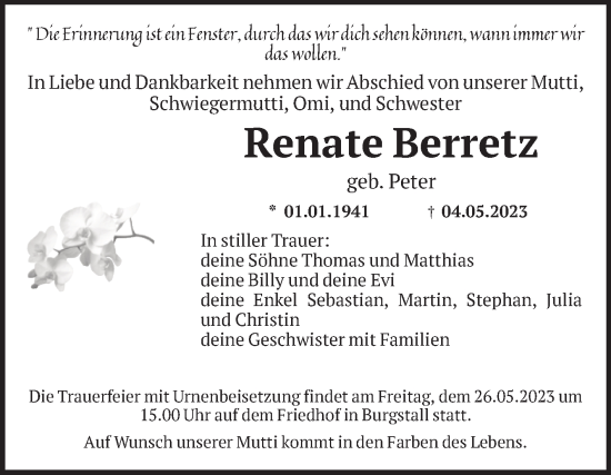 Traueranzeige von Renate Berretz von Volksstimme Magdeburg
