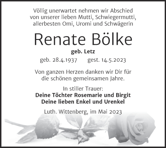 Traueranzeige von Renate Bölke von Trauerkombi Wittenberg