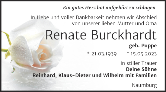 Traueranzeige von Renate Burckhardt von Wochenspiegel Naumburg/Nebra