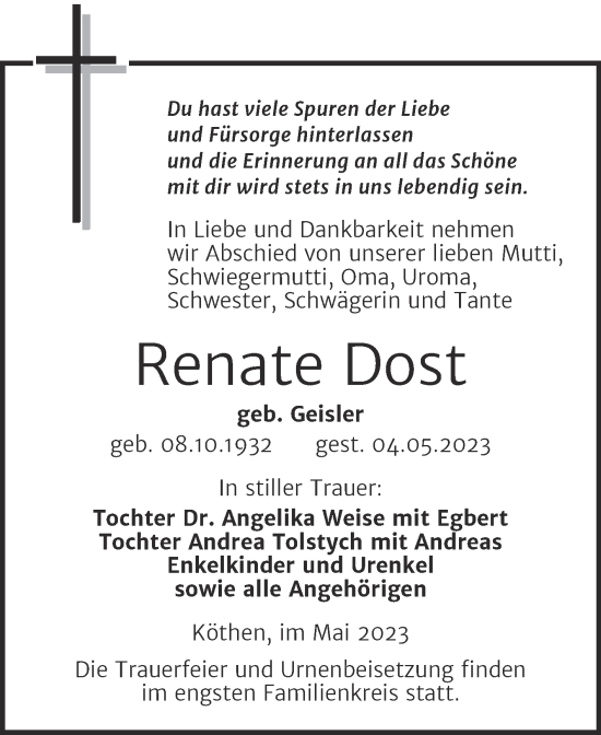 Traueranzeige von Renate Dost von Trauerkombi Bitterfeld