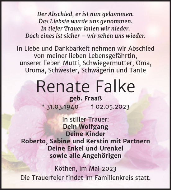 Traueranzeige von Renate Falke von Trauerkombi Köthen