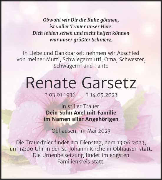 Traueranzeige von Renate Garsetz von Trauerkombi Merseburg