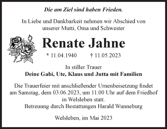 Traueranzeige von Renate Jahne von Volksstimme Schönebeck
