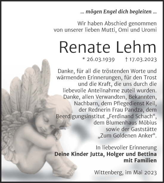 Traueranzeige von Renate Lehm von Trauerkombi Wittenberg