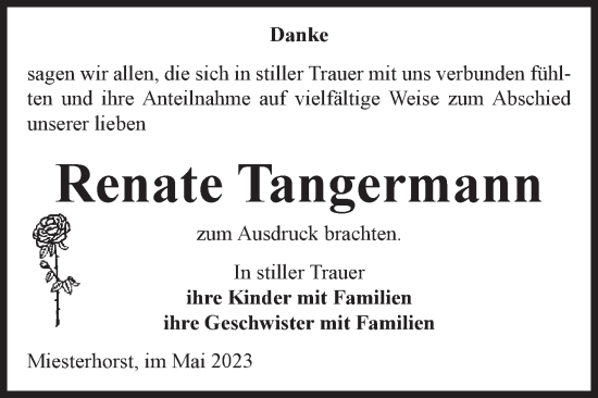 Traueranzeige von Renate Tangermann von Volksstimme Altmark West