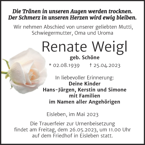 Traueranzeige von Renate Weigl von Trauerkombi Mansfelder Land