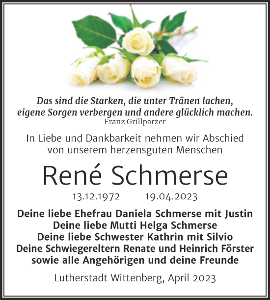 Traueranzeige von Rene Schmerse von Trauerkombi Wittenberg
