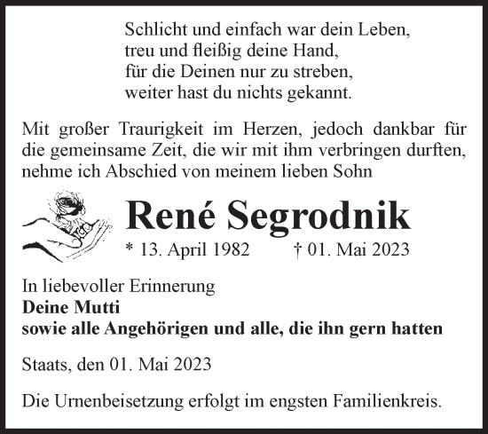 Traueranzeige von René Segrodnik von Volksstimme Altmark Ost