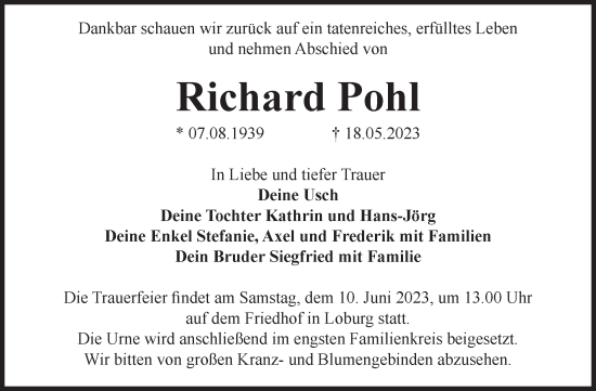 Traueranzeige von Richard Pohl von Volksstimme Zerbst