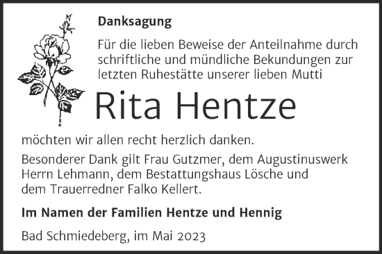 Traueranzeige von Rita Hentze von Trauerkombi Wittenberg