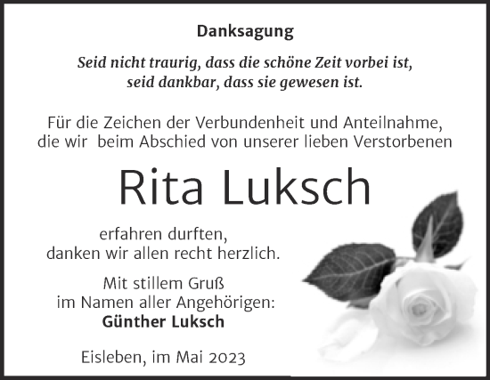 Traueranzeige von Rita Luksch von Trauerkombi Mansfelder Land