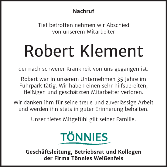 Traueranzeige von Robert Klement von Wochenspiegel Naumburg/Nebra