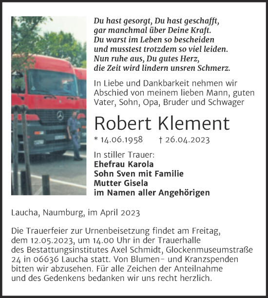 Traueranzeige von Robert Klement von Wochenspiegel Naumburg/Nebra