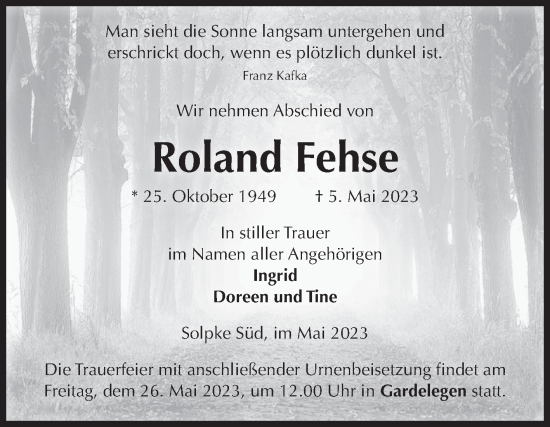 Traueranzeige von Roland Fehse von Volksstimme Altmark West