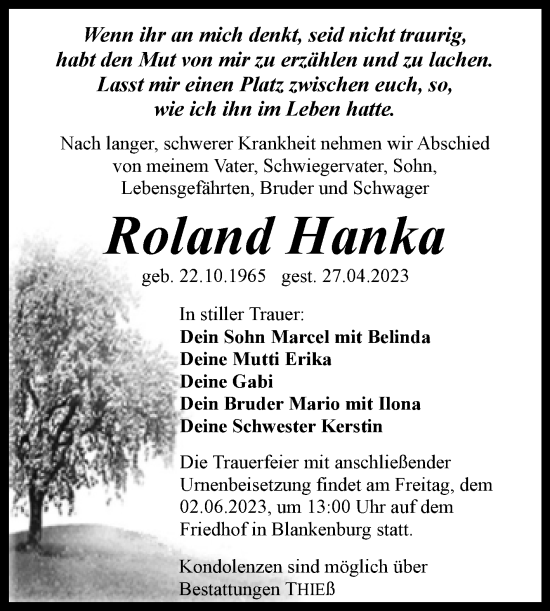 Traueranzeige von Roland Hanka von Volksstimme Wernigerode