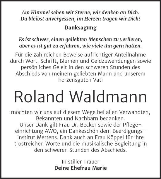 Traueranzeige von Roland Waldmann von Wochenspiegel Naumburg/Nebra