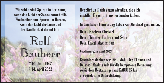 Traueranzeige von Rolf Bauherr von Trauerkombi Quedlinburg