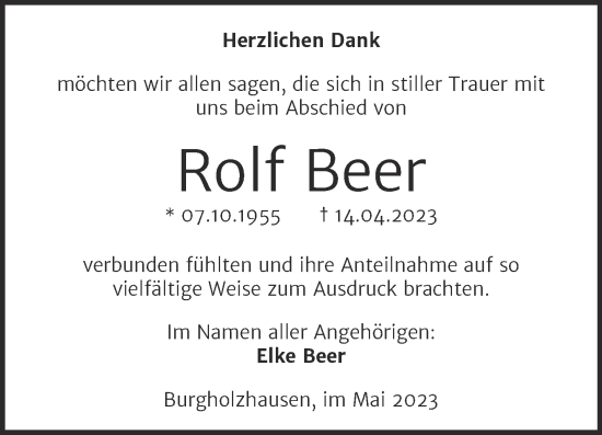 Traueranzeige von Rolf Beer von Wochenspiegel Naumburg/Nebra