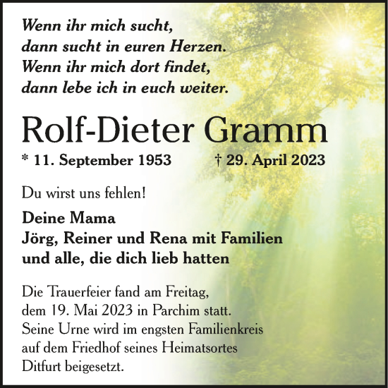 Traueranzeige von Rolf-Dieter Gramm von Trauerkombi Quedlinburg