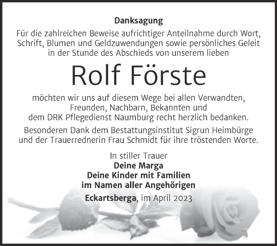 Traueranzeige von Rolf Förste von Wochenspiegel Naumburg/Nebra