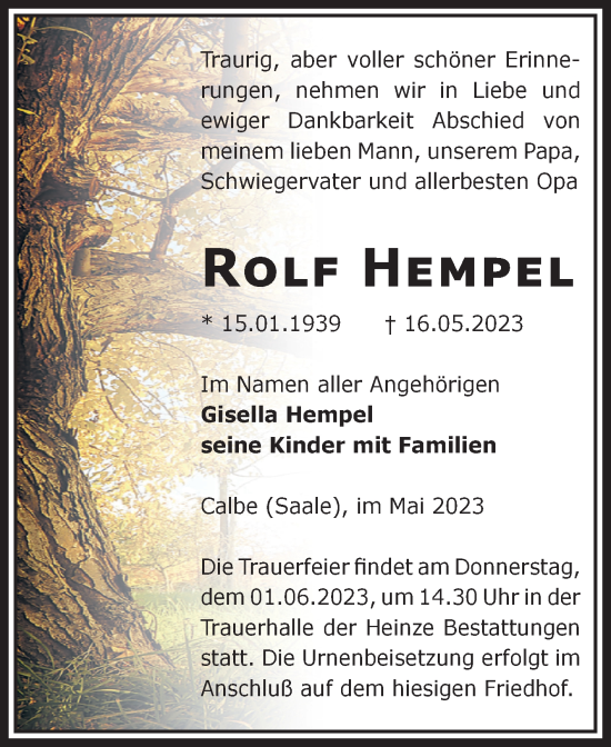 Traueranzeige von Rolf Hempel von Volksstimme Schönebeck