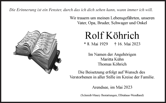 Traueranzeige von Rolf Köhrich von Volksstimme Altmark West
