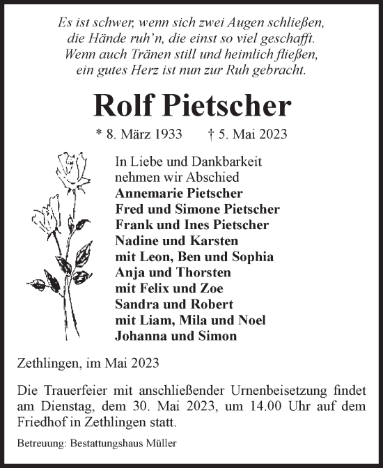 Traueranzeige von Rolf Pietscher von Volksstimme Altmark West